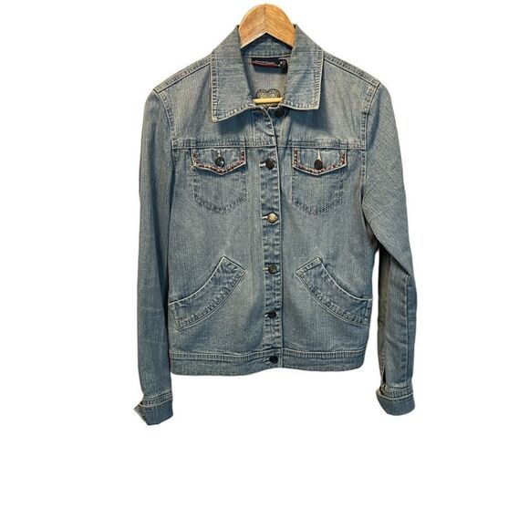 DENVER HAYES Denim Beaded Detail Button Up Stretch Jean Jacket M - Picture 1 of 8